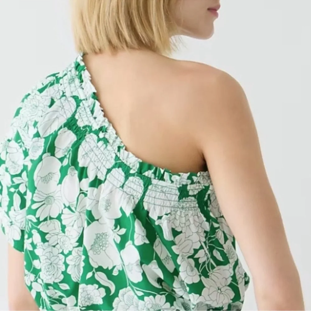 J. Crew Smocked One-Shoulder Cotton Top in Kelly Green - Sz. Medium - BNWT